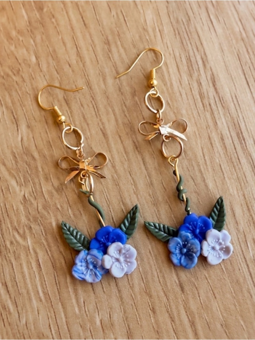 Handmade Gold Bow Blue & White Floral Drop Earrings